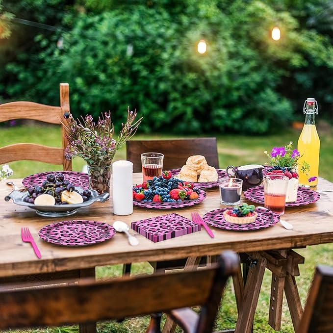 100 Pieces Pink Leopard Print Party Tableware Set – Hot Pink Cheetah Plates, Napkins and Forks, Disposable Dinnerware for Girls Birthday, Baby Shower and Safari Party Supplies