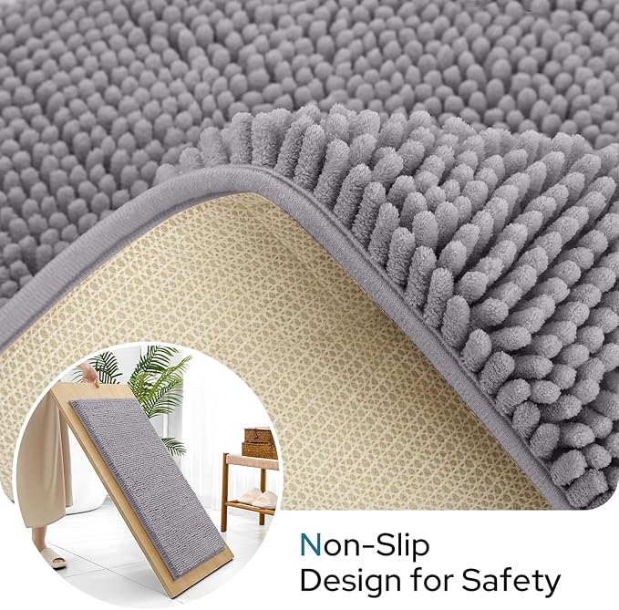BYSURE Grey Bathroom Rugs Sets 3 Piece with Toilet Lid Cover Non Slip Extra Absorbent Plush Chenille Soft Washable Bath Mats