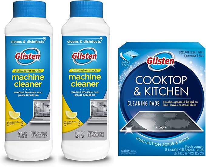 Glisten Dishwasher Magic Machine Cleaner & Disinfectant 2-Pack and Cooktop & Kitchen Cleaning Pads