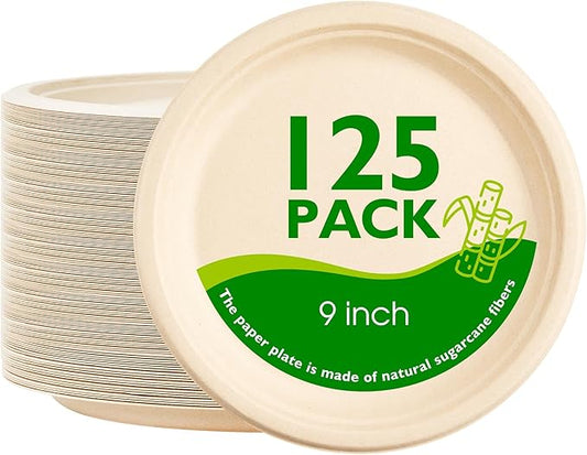 9 Inch 125 Pack Compostable Paper Plates, Biodegradable Heavy Duty Disposable Plates, Round Unbleached Brown Plates Made from Natural Sugarcane Fibers, for Party, Camping, Picnic