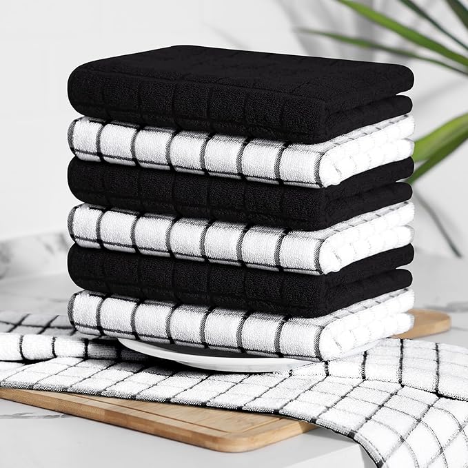 Homaxy Premium Cotton Kitchen Towels 16"x 28", Large Natural Ring Spun 390 GSM Dish Towels, Super Absorbent Terry Kitchen Hand Towels, Soft Tea Towels with Hanging Loop, Black Check Design, 4 Pack