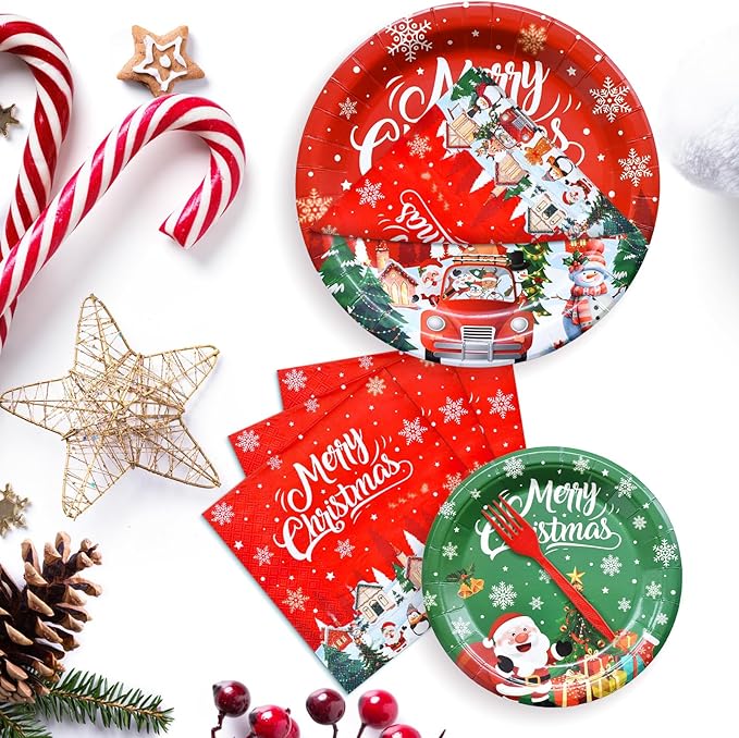 100 Pieces Christmas Party Tableware Set – Merry Christmas Disposable Plates, Napkins and Forks, Santa Snowman Red Green Dinnerware for Xmas Holiday Birthday and Winter Party Supplies