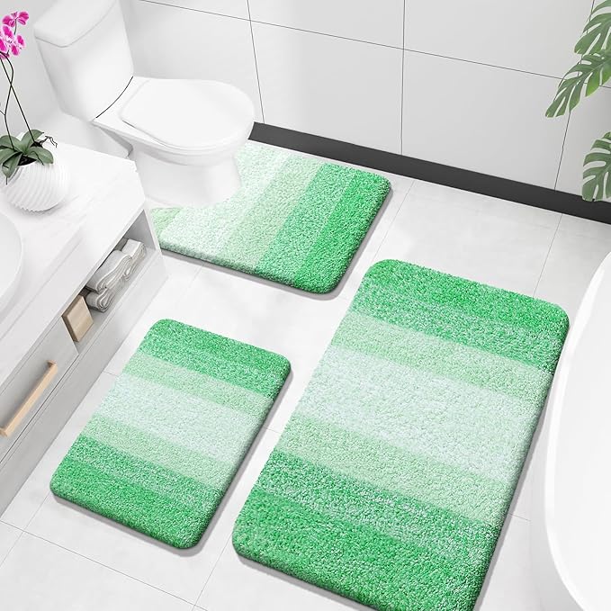 OLANLY Bathroom Rugs Sets 3 Piece, Soft Absorbent Microfiber Bath Mats and U-Shaped Contour Toilet Rug, Plush Shaggy Bath Mat Set for Bathroom (36"x24"+24"x16"+24"x20", Green)