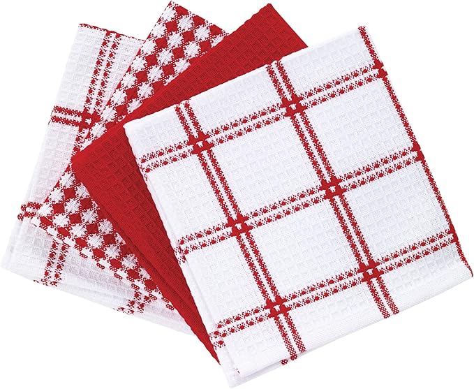 T-Fal Premium Waffle Dish Cloths: Highly Absorbent, Super Soft Long Lasting - 100% Cotton, 12"x13" Towel for Cleaning & Drying, (4-Pack), Red