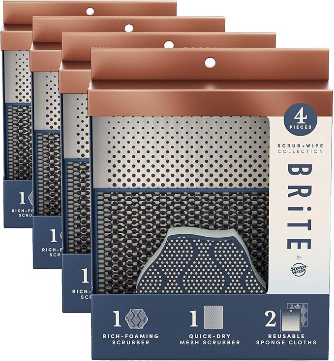 Brite by Scotch-Brite Limited Edition 4-Piece Scrub and Wipe Collection with 1 Rich-Foaming Dish Scrubber, 1 Quick-Dry Mesh Scrubber, and 2 Reusable Sponge Cloths (Pack of 4)