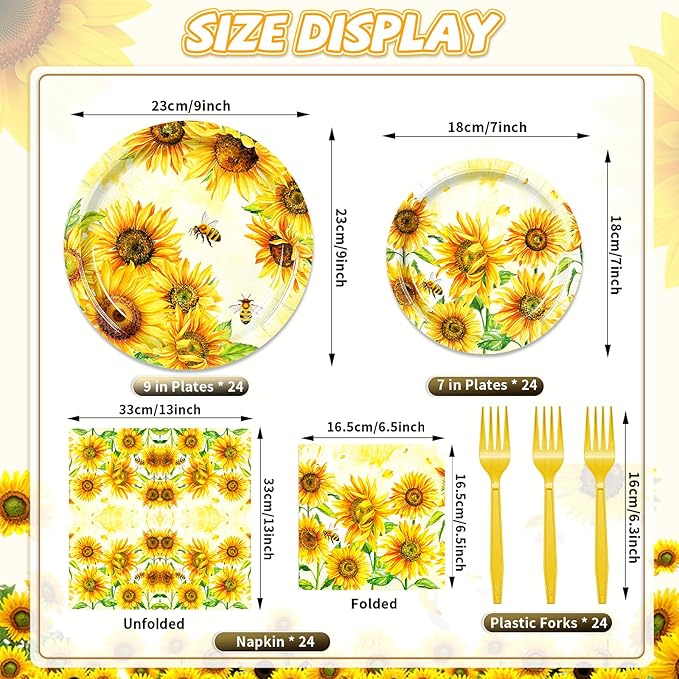 96 Pieces Sunflower Plates and Napkins, Yellow Floral Disposable Tableware with Paper Plates Napkins and Forks for Sunflower Party Supplies, Birthday, Baby Shower, Bridal Shower Decorations, Serves 24