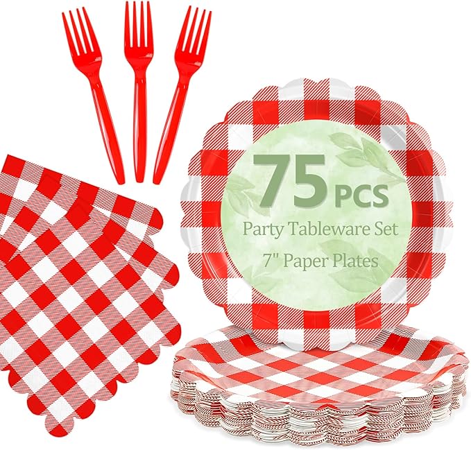 Mulbozy 75 Red Gingham Plates and Napkins Disposable Set Includes 25 Dessert Cake Scalloped Plates, Cocktail Napkins & Forks, for Fork 25 Guests Holiday Party Supplies.