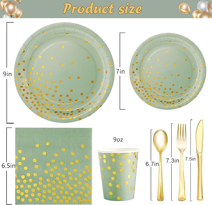 175 Pcs Sage Green Plates and Napkins Party Supplies - Sage Green Paper Plates Serve 25 Guests - Sage Green and Gold Disposable Plates Sets for Holiday Wedding Birthday Party Decoration