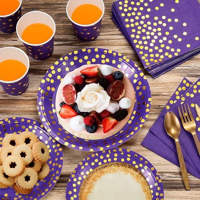 Purple and Gold Party Supplies 140 Pieces Golden Dot Disposable Party Dinnerware - Purple Paper Plates Napkins Cups, Gold Plastic Forks Knives Spoons for Baby Shower, Wedding, Graduation