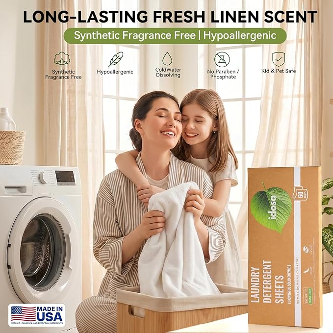 Laundry Detergent Sheets 120 Loads Stain-Fighting Enzymes - Plant Powered Fragrance Microcapsules Eco-Friendly Laundry Soap Sheets - Home or Travel Flax scent 60 sheets