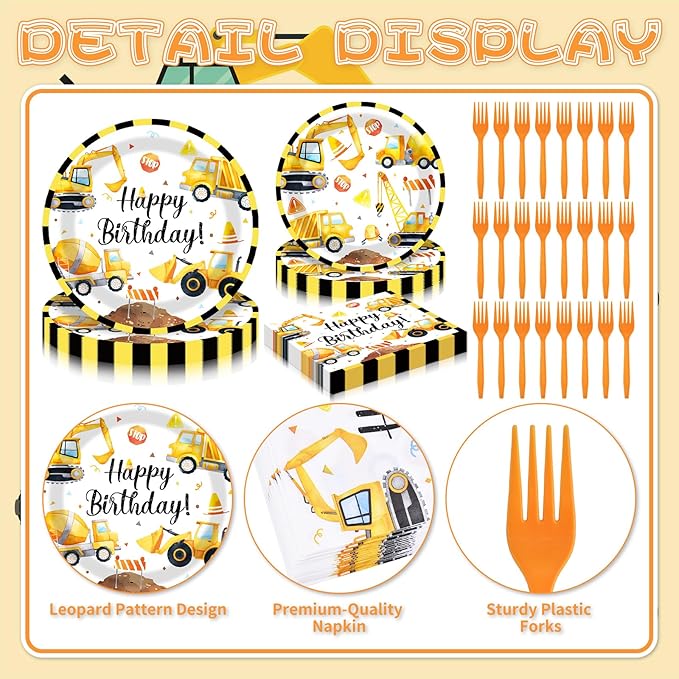 100 Pieces Construction Birthday Party Tableware Set – Truck Disposable Plates, Napkins and Forks, Excavator Dump Truck Party Supplies for Boys Birthday and Construction Theme Decorations