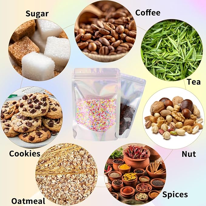 150 Pcs Mylar Bags for Food Storage, 5x8 Mylar Bag with Window Stand Up, Small Holographic Resealable Bags Smell Proof Bag Food Packaging for Small Business Freeze Dried Candy Jewelry Foil Packaging