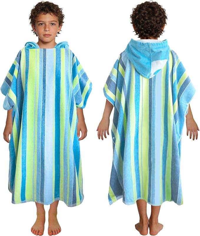 VOOVA & MOVAS Hooded Poncho Towel for Teens Unisex 100% Cotton Bright Colorful Beach Surfing Bath Cover Up Blue Yellow Stripe