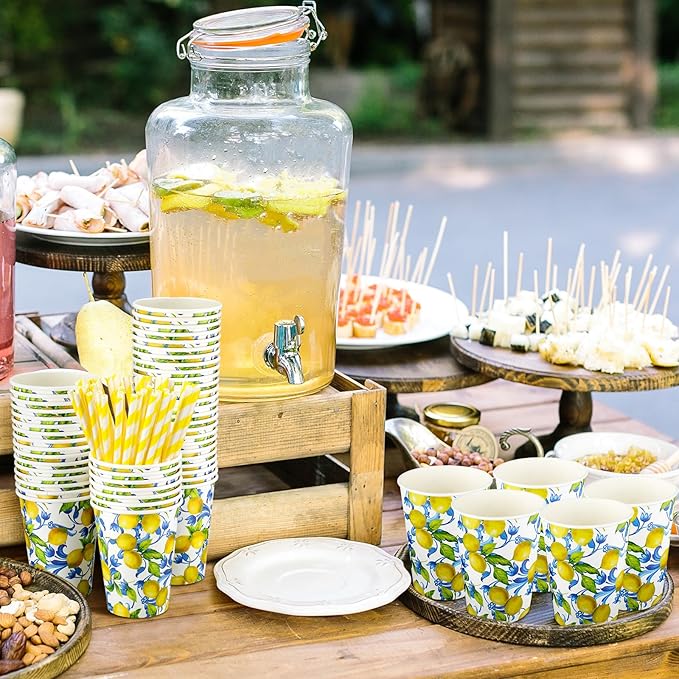 Tessco 150 Pcs 50 Sets Capri Lemon Paper Cups with Lids and Straws - 12 oz Blue Tiles Italian Lemon Cold Cups for Amalfi Coast Party, Bridal Shower, Wedding Supplies