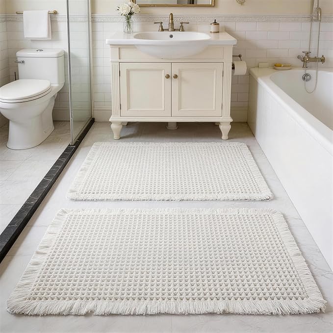 Set of 2 Waffle Bathroom Rugs, Non Slip Absorbent Waffle Knit Bath Mat for Shower Floor, Tub and Bathroom Door, Ultra Soft Quick Dry, Cream White, 18"x30"+24"x36"