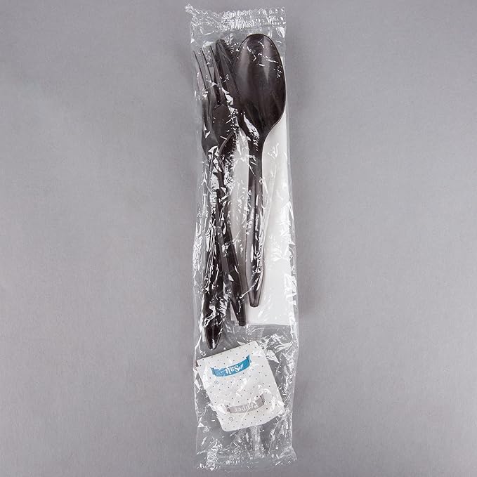 KitchenDine 100 Pack Medium Weight Wrapped Black Plastic Cutlery Pack with Napkin and Salt/Pepper Packets (Black)