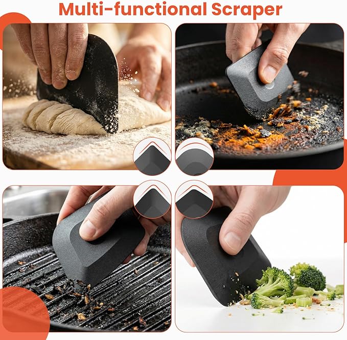 Cast Iron Scrubber with Long Handle | 316 Cast Iron Cleaner Chainmail Scrubber for Cast Iron Pan Skillet Cleaner - Dish Scouring Pad Dishwasher Safe Cleaning Kit (Red, 1 Scrubber + 1 Scraper)