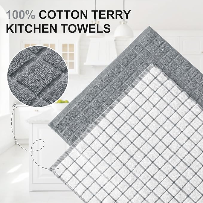Homaxy Premium Cotton Kitchen Towels 16"x 28", Large Natural Ring Spun 390 GSM Dish Towels, Super Absorbent Terry Kitchen Hand Towels, Soft Tea Towels with Hanging Loop, Grey Check Design, 4 Pack