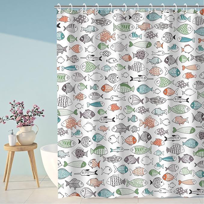 RosieLily Colorful Fishes Shower Curtain, Kids Shower Curtains Set with 12 Hooks, Waterproof Shower Curtain for Bathroom, 72 x 78 Inch, Cartoon Fun Fishes Ocean Animals Bath Curtains
