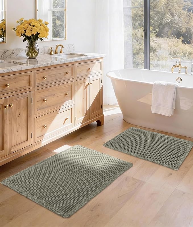 DWCN Waffle Bathroom Mat Set, Super Absorbent Non Slip Bath Rug Set for Bath Floor, Shower Mats 2 Pcs for Tub, Washable Kitchen Rugs for Farmhouse Boho Home Decor, 24"x16"Plus 32"x20", Olive Green
