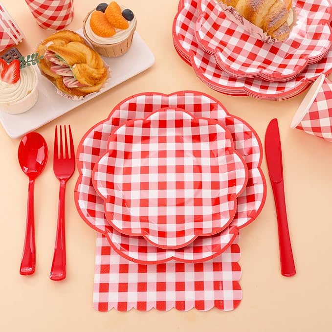 350 Pcs Red Gingham Plates and Napkins Party Supplies - Red and White Checkered Plates Sets Serve 50 Guests - Scalloped Gingham Paper Plate for Birthday Picnic Wedding Party Decorations