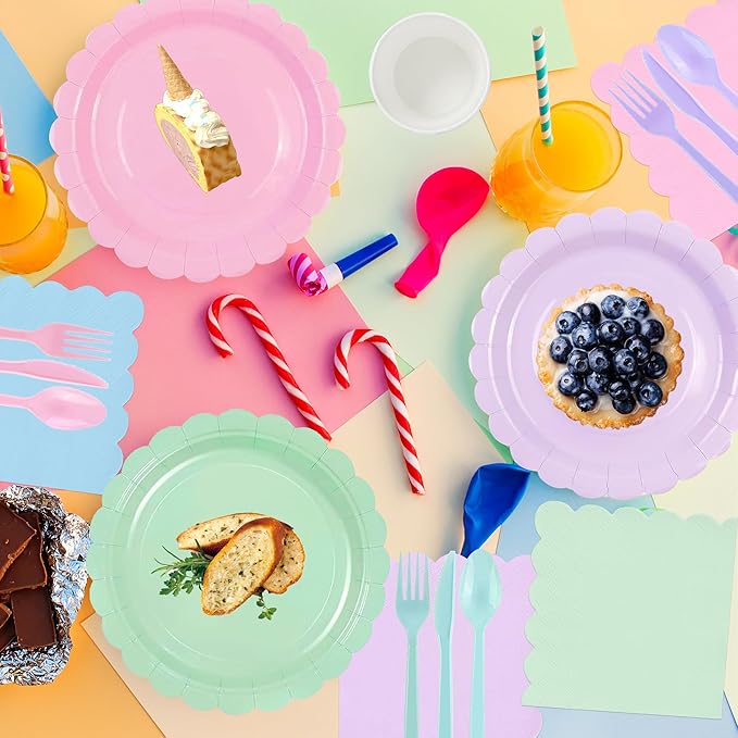 175 Pcs Pastel Plates and Napkins Party Supplies,Disposable Dinnerware Set for 25 Guests, Paper Plates Napkins Cups and Plastic Knives Forks Spoons for Birthday Wedding Party Decorations