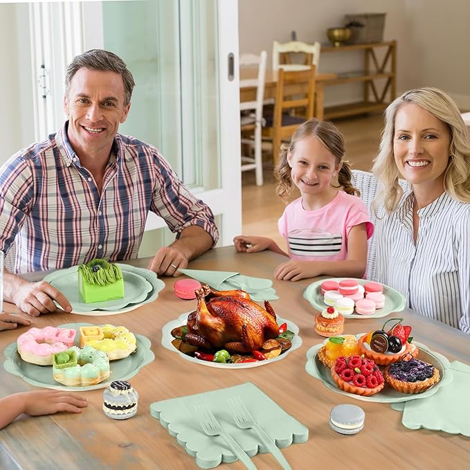 96 Pcs Sage Green Paper Plates and Napkins Set Party Supplies, Tableware set for 24 Guest include Disposable Sage Green Scalloped Plates, Napkins and Fork for Easter, Baby Shower,Wedding,Bridal shower
