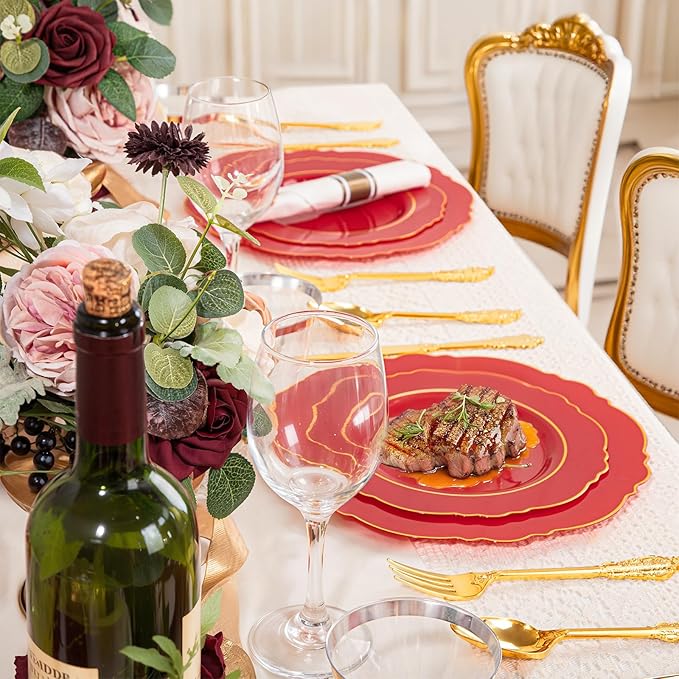 Liacere 350PCS Red Plastic Plates - Red Disposable Plates With Gold Rim - 50Guest Baroque Plastic Dinnerware include 100Plates-50Pack Pre Rolled Napkins with Silverware 50Cups for Wedding&Memorial day