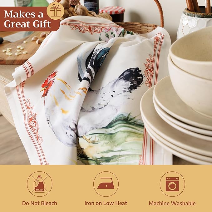 100% Cotton Kitchen Towel Campagne Maison d' Hermine Set of 2 Super Soft Highly Absorbent Hotel Quality Quick Drying Cleaning Dishcloth Tea Bar Towels Spring/Summer (Coq, 20"x27.50")