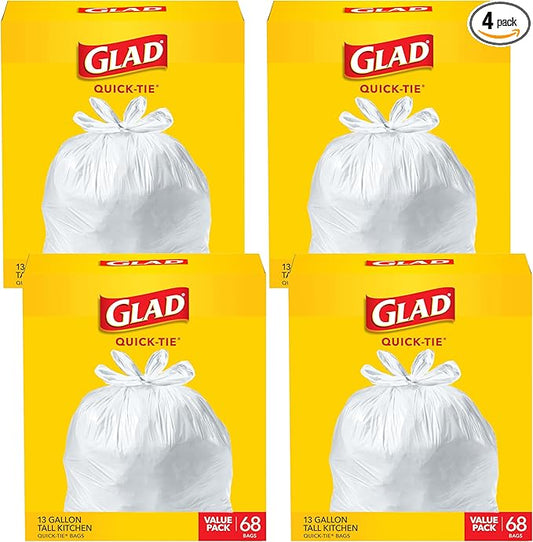 Glad Trash Bags, 13 Gallon, White | Quick-Tie | Tall Kitchen | 68 Count, Pack of 4