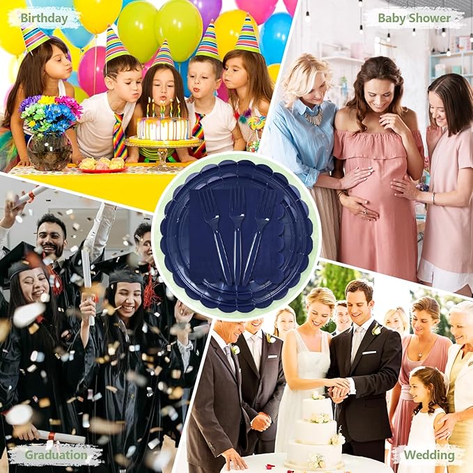 Mulbozy 100 Navy Blue Plates and Napkins Disposable Set Includes 25-9" & 25-7" Dessert Cake Scalloped Plates, Cocktail Napkins, Forks for for Holiday Party Supplies