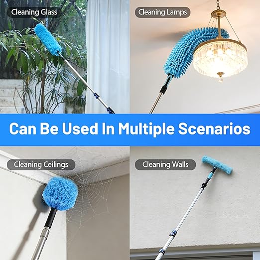 20ft High Reach Duster Kits, Heavy Duty High Reach Duster Kit for Cleaning, Spider Web Brush, Washable Dust Brush for High Roof and Glass Surfaces (with 5-12ft Extension Pole)