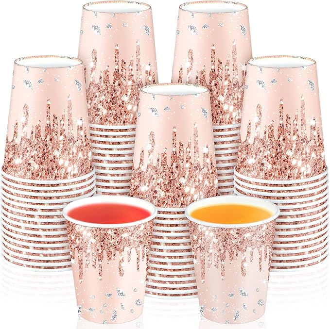 CHUNNIN 50Pcs Rose Gold Birthday Party Paper Cups 9oz Pink Golden Party Cups Supplies Rose Gold Theme Party Disposable Cup for Women girls Birthday Wedding Baby Shower Party Favors Decorations
