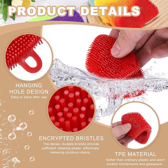 uxcell Silicone Dish Scrubber, 6 Pack Reusable Dishes Sponges Silicone Sponges Double Design for Kitchen Bathroom Cleaning Gadgets Accessories Countertop Cookware Pots Pans, Red