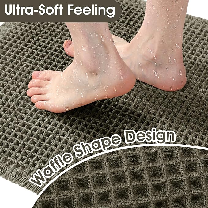 Upgraded Waffle Bath Mat Set 3 Piece Greyish Green, Super Absorbent Non-Slip Quick Dry Bathroom Rugs with Tassels, Machine Washable Ultra Soft Boho Bath Rugs for Floor, Bath Mats Boho Farmhouse Decor