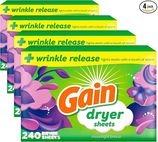 Gain Dryer Sheets Fabric Softener | Moonlight Breeze | Anti-Static | 240 Sheets, Pack of 4