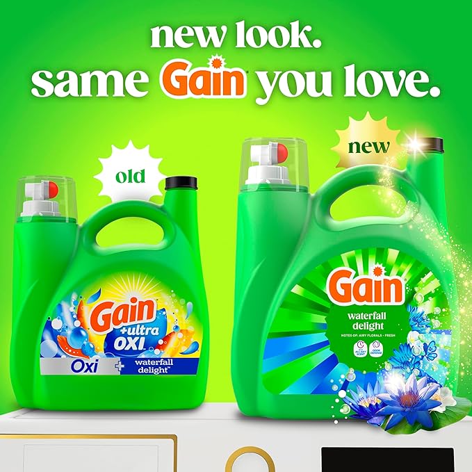 Gain Liquid Laundry Detergent with Odor Defense, Waterfall Delight Scent, Laundry Soap For HE Washing Machines, 177 fl oz, 134 Loads (Packaging May Vary)