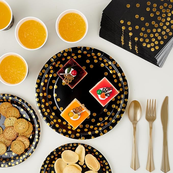 Black and Gold Party Supplies - 350 PCS Disposable Dinnerware Set - Black Paper Plates Napkins Cups, Gold Plastic Forks Knives Spoon for Halloween, Graduation, Birthday, Cocktail Party