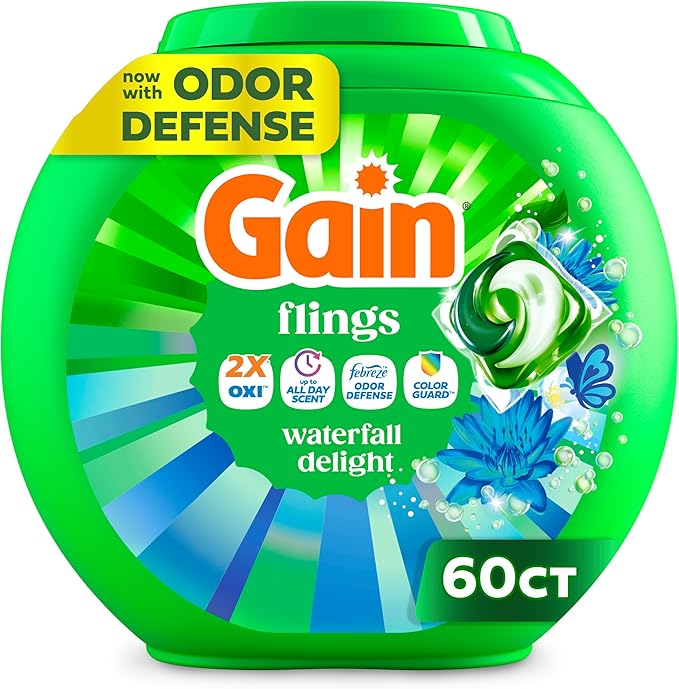 Gain Flings Liquid Washing Detergent Pacs, Now with Odor Defense + Color Guard, Waterfall Delight Scent, 4-In-1 Liquid Laundry Detergent Pods, clean & fresh, 60 Count