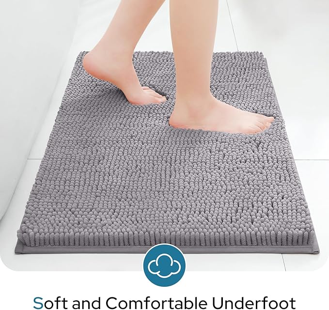 BYSURE Grey Bathroom Rugs Sets 3 Piece with Toilet Lid Cover Non Slip Extra Absorbent Plush Chenille Soft Washable Bath Mats
