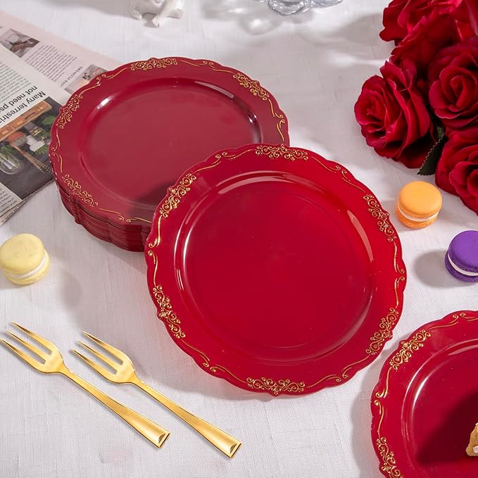 LIYH 100 Pcs Burgundy Gold Plastic Dessert Plates with 100 Pcs Gold Dessert Forks, Disposable Red Salad Plates Includes 100 Appetizer Plate 7.5"and 100 Golden Cake Forks 5 "