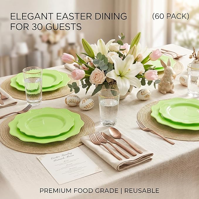 COLOSUS Green Plastic Plates 60Pcs, Light Green Disposable Party Plates, Heavy Duty Plastic plates include 30 Dinner plate 10.5" and 30 Salad/Dessert Plate 8.25" for Mother's Day,Party,Dinner