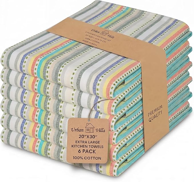 Urban Villa Kitchen Towels 100% Cotton Dish Towels for Kitchen(Set of 6)20”x30” Dish Cloths Highly Absorbent Kitchen Linen Set with Hanging Loop Perfect for Drying Dishes Cleaning Towels-Beige Stripes