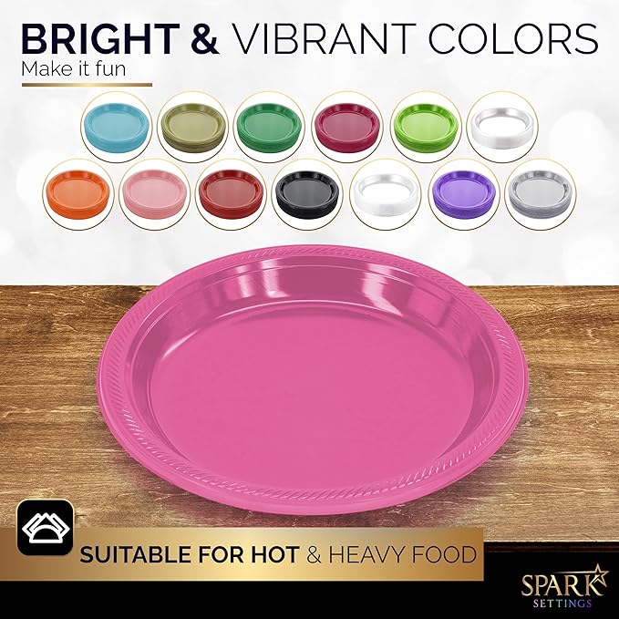 Amcrate Bright Pink Disposable Dinner Plates, 10.4 Inches, Strong & Sturdy for Party, Picnic, Travel - Pack of 50
