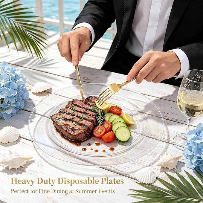 FLOWERCAT 60PCS Clear Plastic Plates - Disposable Clear Plates Heavy Duty for Christmas Party/Wedding/New Year - Include 30PCS 10.25inch Dinner Plates and 30PCS 7.5inch Dessert/Salad Plates