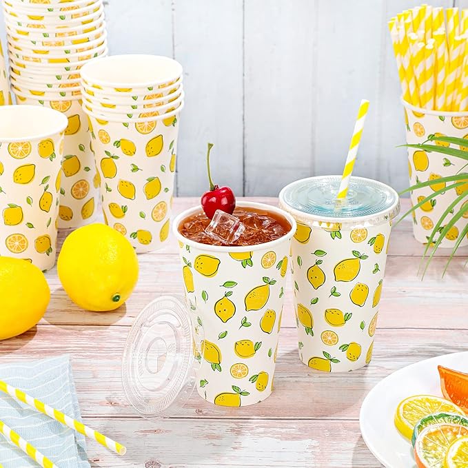 Tessco 150 Pieces/ 50 Sets Lemonade Cup with Lids and Paper Straws 12oz Disposable Iced Coffee Paper Summer Lemon Citrus Cold Cup for Fruit Party Iced Coffee Cold Beverages Drinks Juices