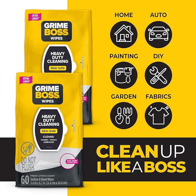 Grime Boss Heavy Duty Surface and Hand Wipes (2x60ct) | Remove Paint, Oil, Grease, Adhesives, Mud, Dirt | Workshop Replace Cleaners like Rags, Towels, Pumice, Soap