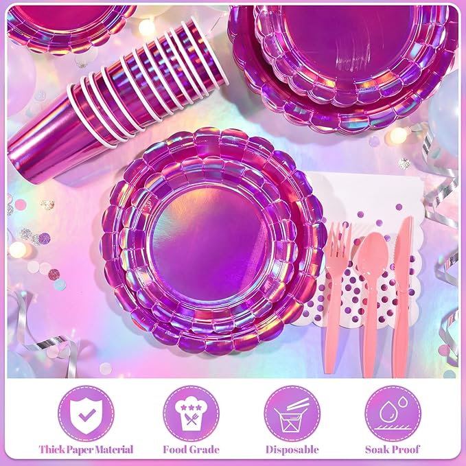 175 Pcs Iridescent Pink Party Supplies Include 25 guest Scalloped Holographic Pink Paper Plates and Napkins Set for Mermaid, Disco and Birthday Party Decor