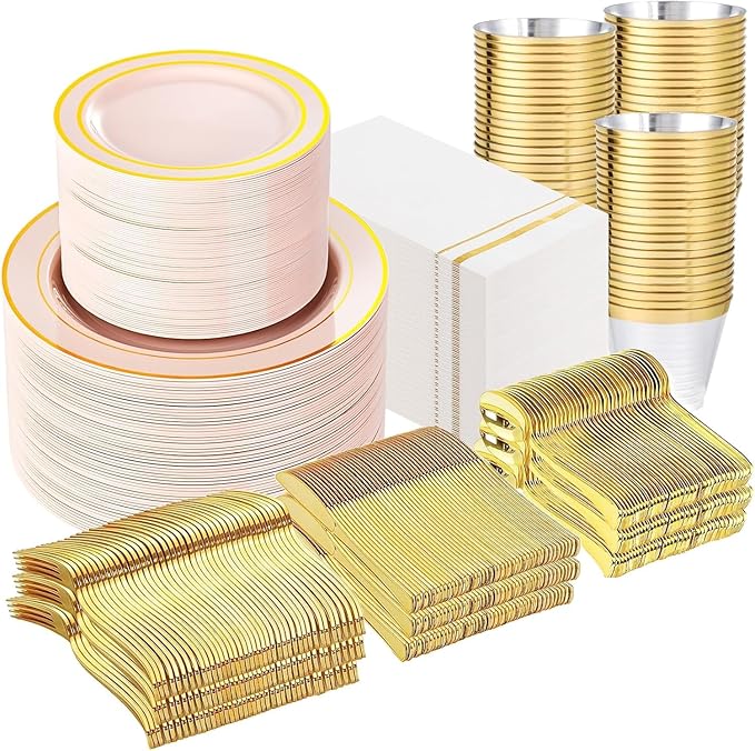 GATHER 700PCS Pink Plastic Plates - Gold Rim Disposable Plastic Dinnerware Set Include 200 Pink Plates, 300 Silverware, 100 Napkins, 100 Cups for Party & Wedding & Baby Shower