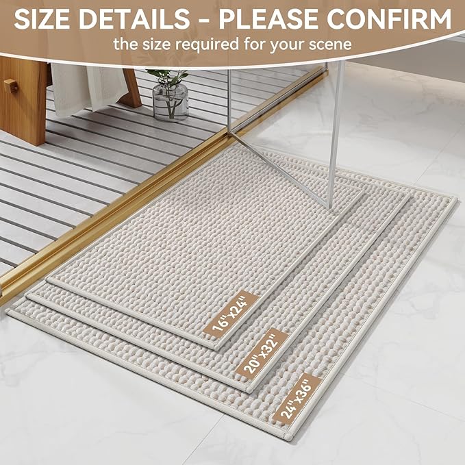 Bathroom Rugs Mat 20x32, Extra Soft Absorbent Chenille Bath Rug, Non Slip PVC Backing Washable Quick Dry Bath Mats for Bathroom Fit Under Door, Tub, Shower, Sink, Home Decor Accessories Beige